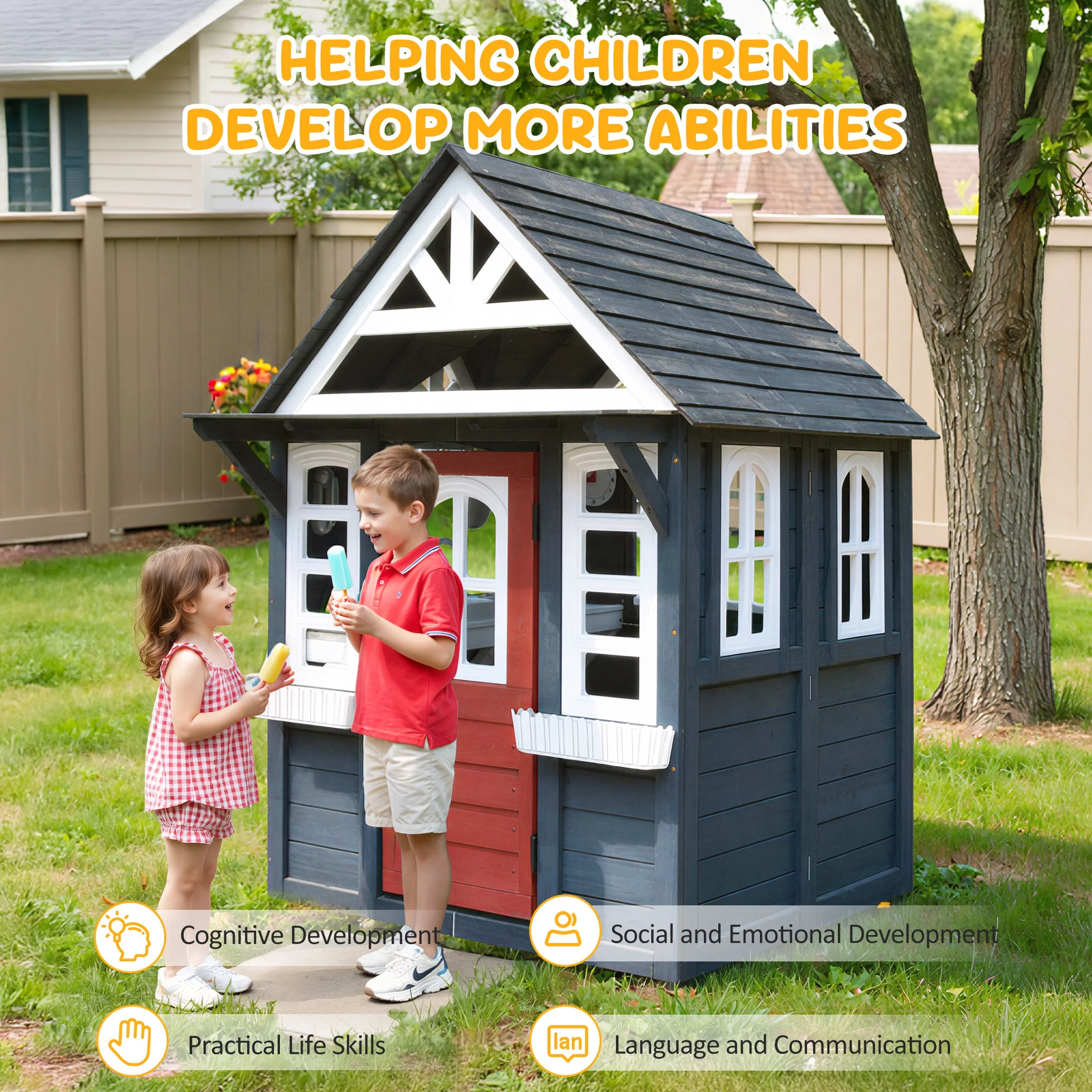 COCLUB Outdoor Playhouse for Kids Ages 4-8, Wooden Play House with Doorbell, Phone, Kitchen Toys, Outdoor Kids Play Equipment, Casa Para Ni?as (45-L x 65-H), White & Black - Image 14