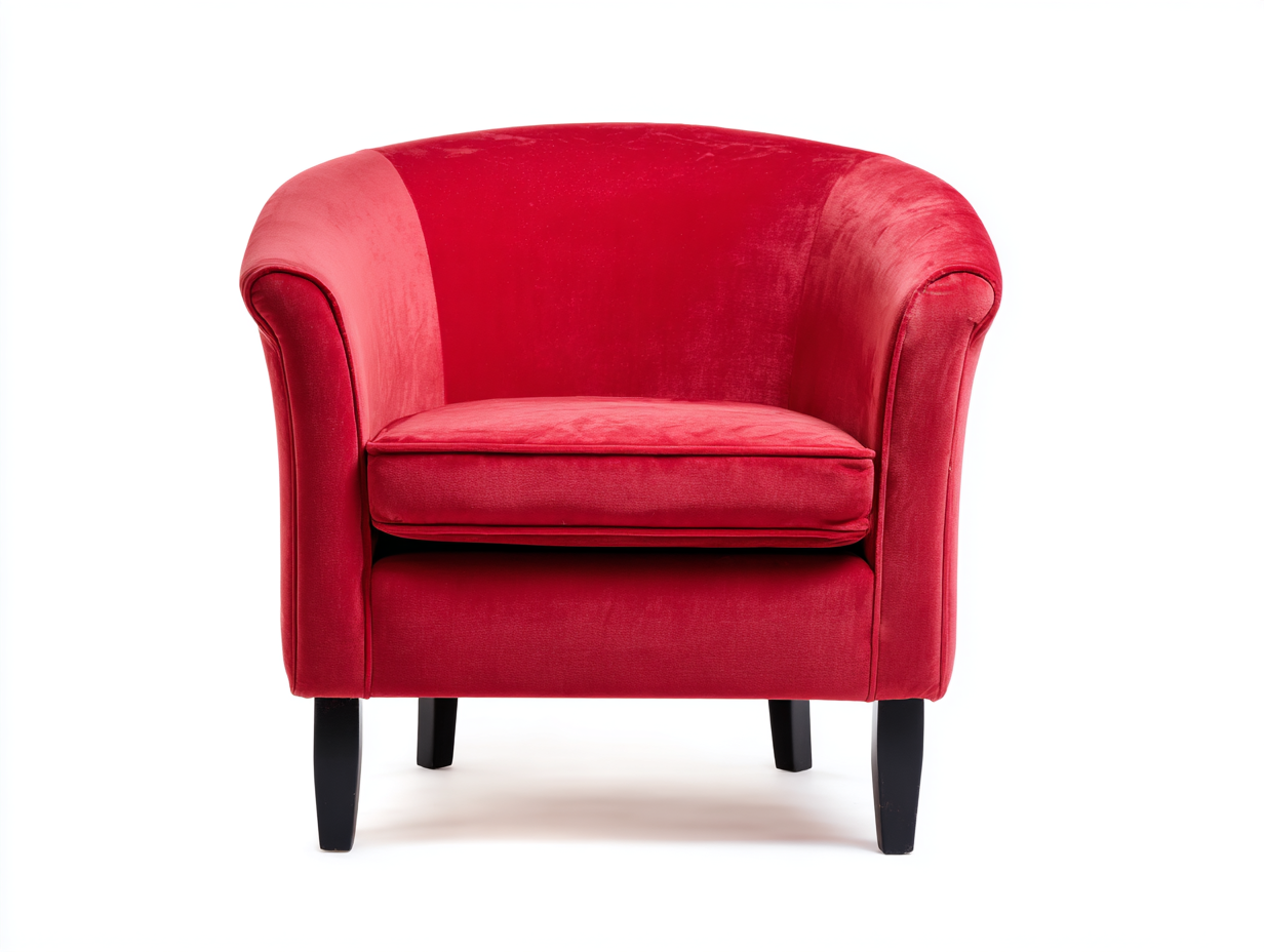 Sillón individual tipo barril de terciopelo rojo 70×75×78 cm – patas de madera negra – estilo moderno