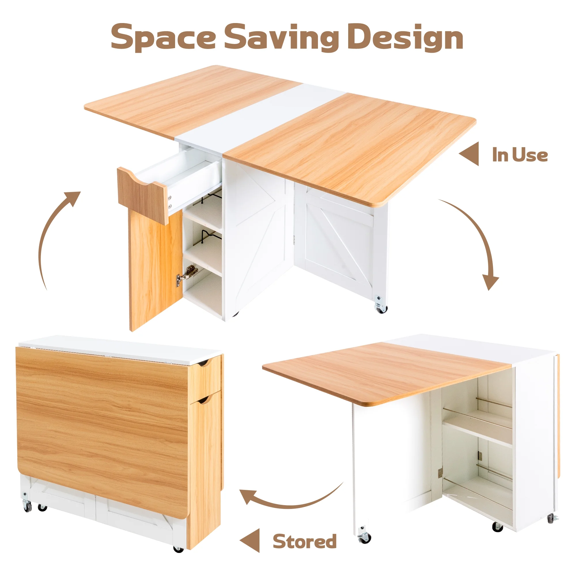 spanspace Folding Dining Table, Drop Leaf Dining Table with 6 Wheels and 2-Layer Storage Shelf, Space Saving Dining Table for Small Spaces,Folding Kitchen Table,White - Image 2
