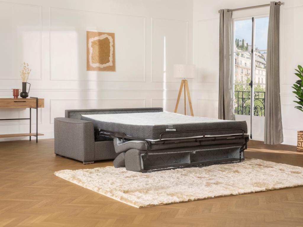 Sofá cama de 4 plazas de tela de apertura rápida VIZIR - Gris - Cama de 160 cm - Colchón de 18 cm con memoria de forma