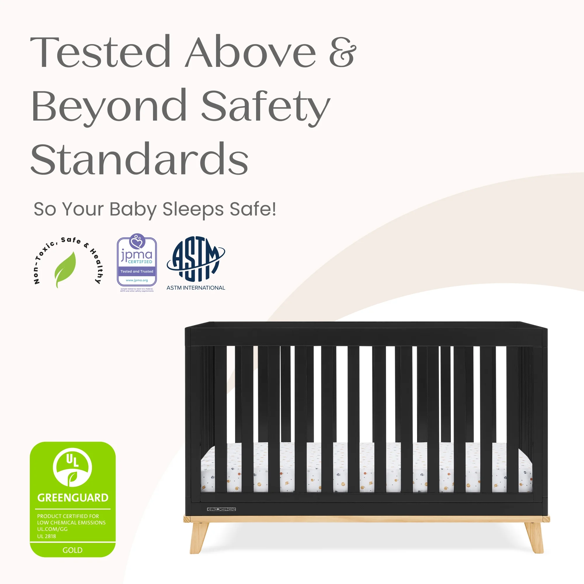 Delta Children Frankie 4-in-1 Convertible Crib - Greenguard Gold Certified, Black with Natural - Image 8