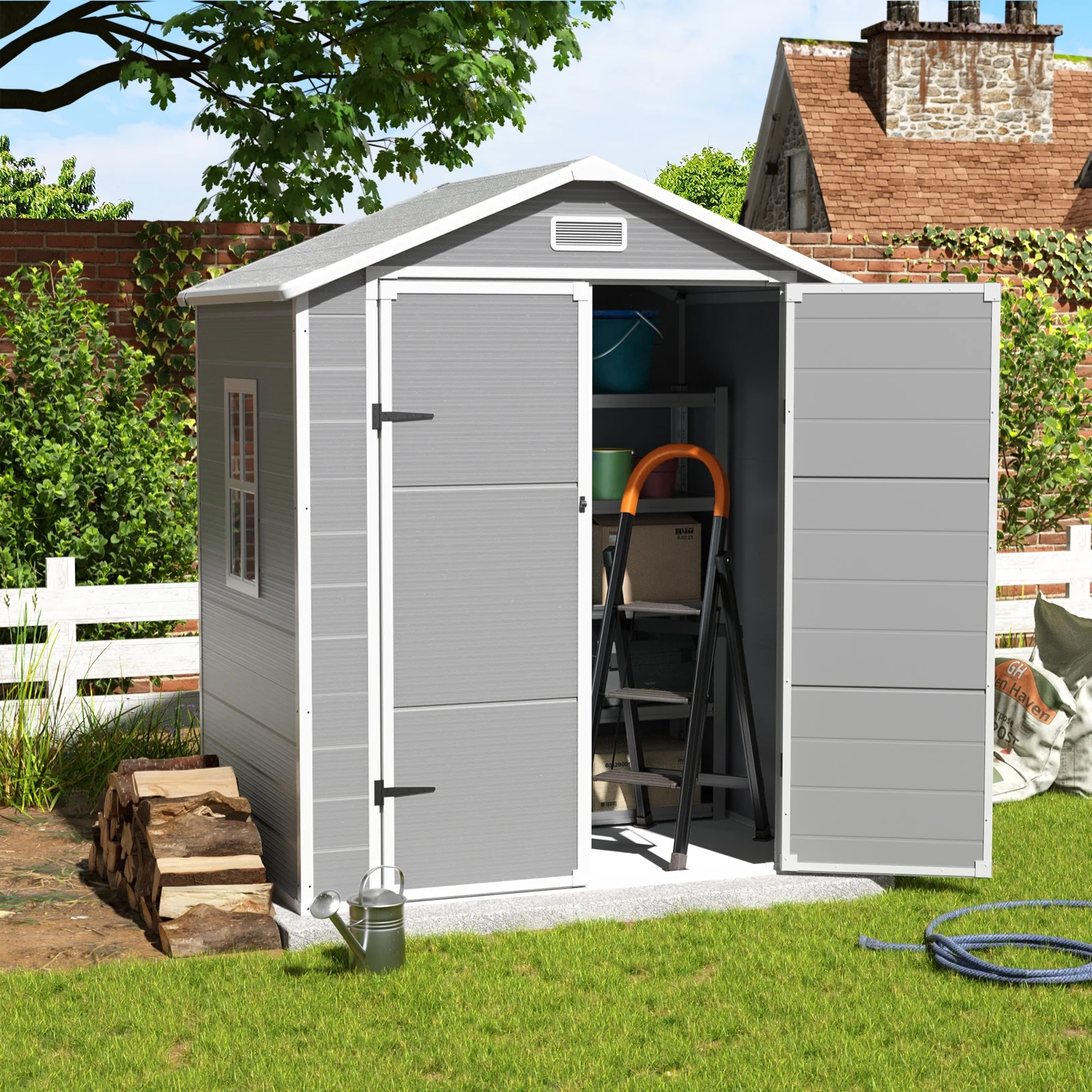 ELPOSUN Outdoor Storage Shed 6x4.5 ft, Resin Outside Sheds & Outdoor Storage Plastic for Trash Can, Bike, Lawnmower, Generator, Tool Shed with Lockable Door for Backyard, Lawn, Patio, Grey & White - Image 7