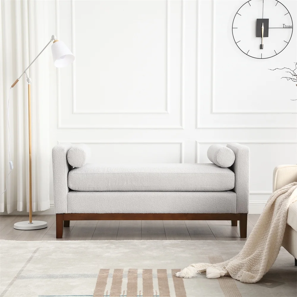 53.5"W Elegant Upholstered Bench with Wood Legs & Round Pillows,Comfy Boucle Fabric Footrest with Arms, Entryway Bench for End of Bed, Bedroom and Living Room, Ivory - Image 12