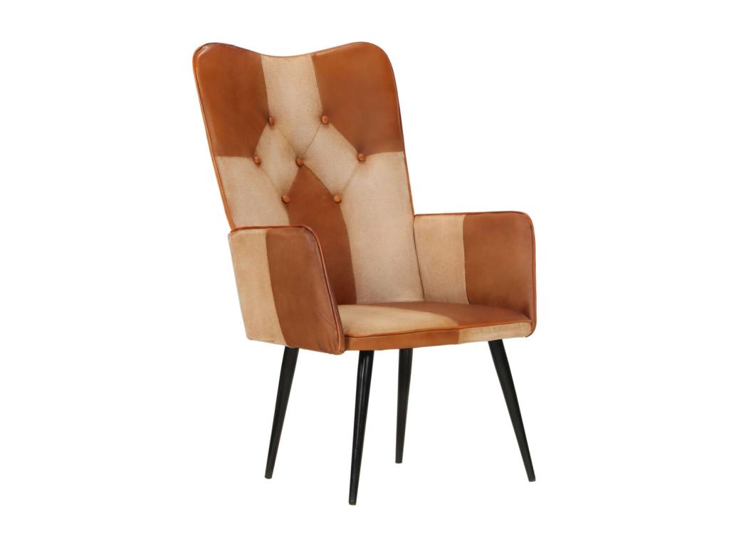 Sillón orejero cuero auténtico marrón y crema