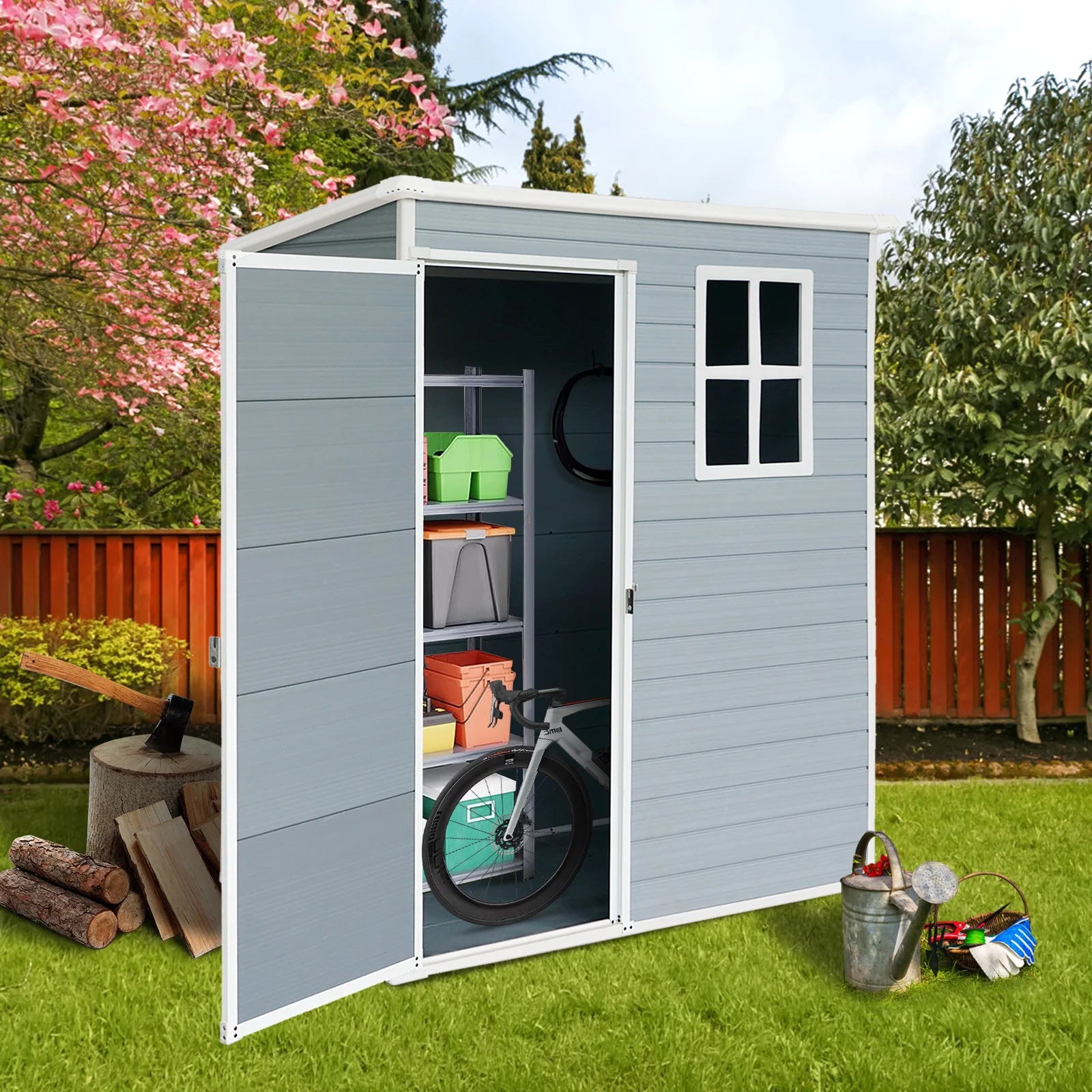 5'-3' Outdoor Storage Shed, Resin Storage Cabinet, Garden Tool Shed with Double Lockable Doors, Organizer Cabinet for Patio Yard, Gray - Image 6