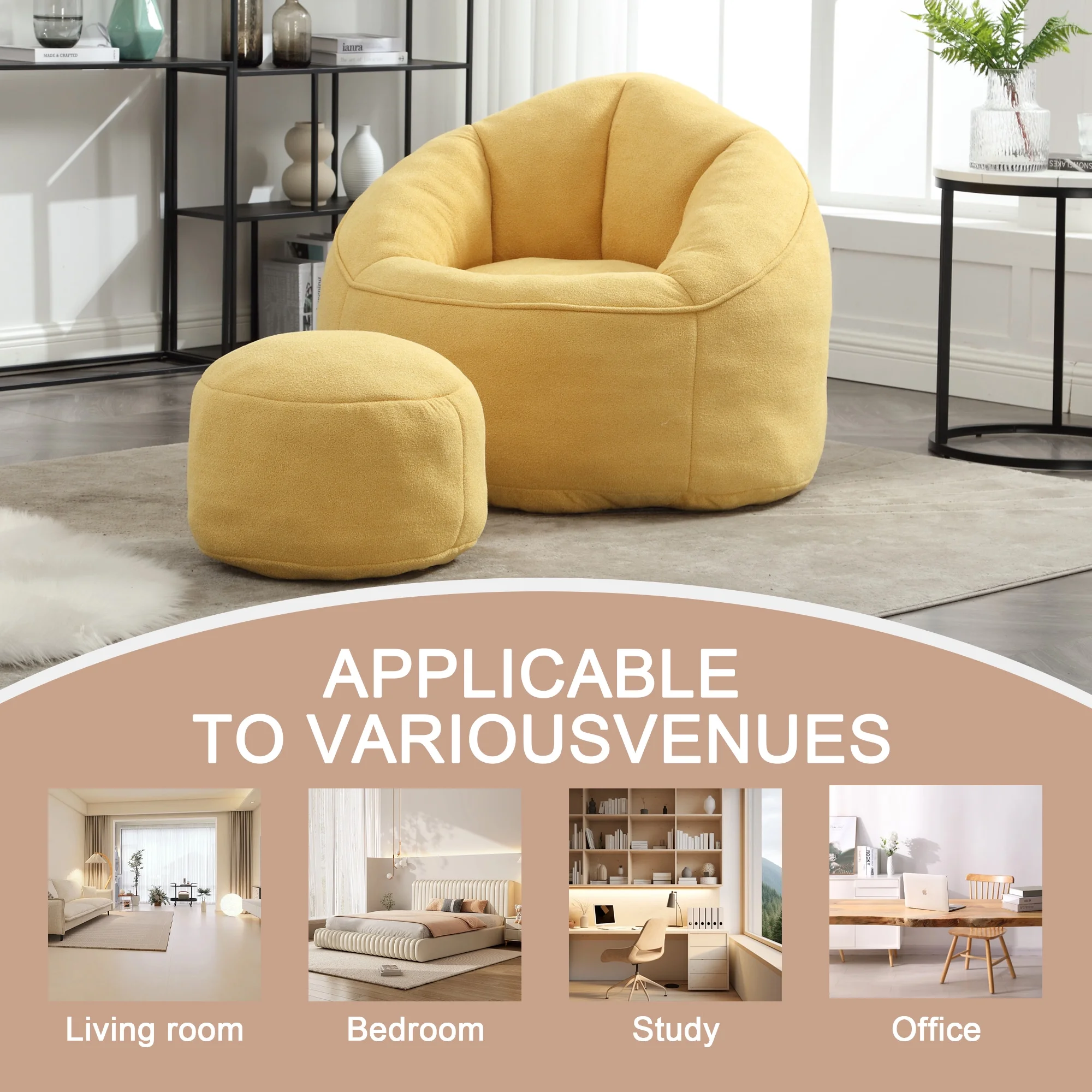 MOONMISS Microfiber Upholstered High Pressure Foam Round Lazy Bean Bag Sofa Chair with Ottoman-Gray - Image 20