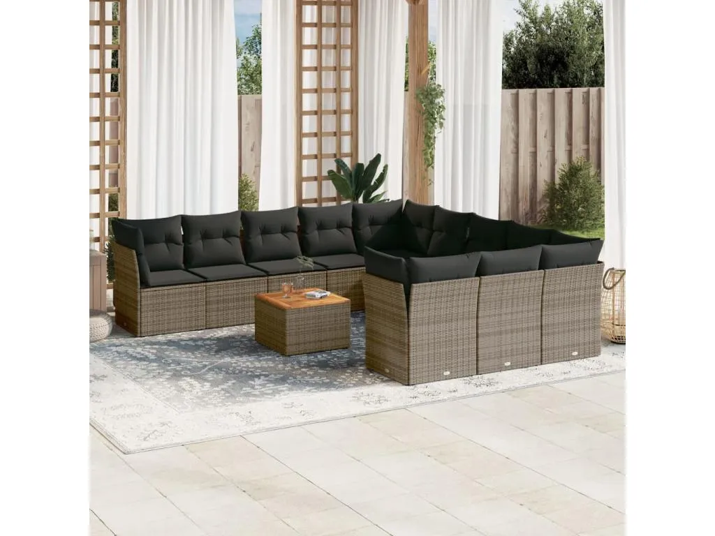Set de sofás de jardín 12 pzas con cojines ratán sintético gris