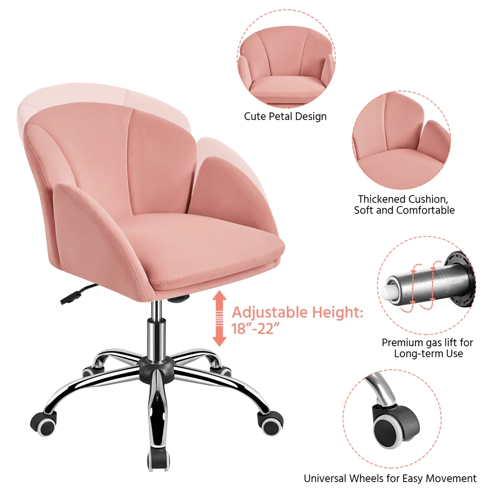 Yaheetech Modern Vanity Chair Swivel Rolling Chair with Armrests, Pink - Image 6