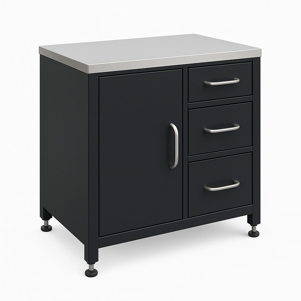 Mesa de trabajo de acero inoxidable con armario y cajones, mesa de cocina funcional y moderna, tamaño compacto, ideal para espacios pequeños