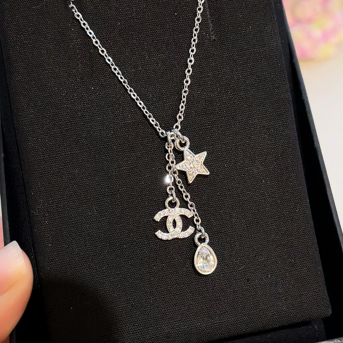 Chanel Silver Necklace with Star Teardrop CC Pendant - Original Replica Club