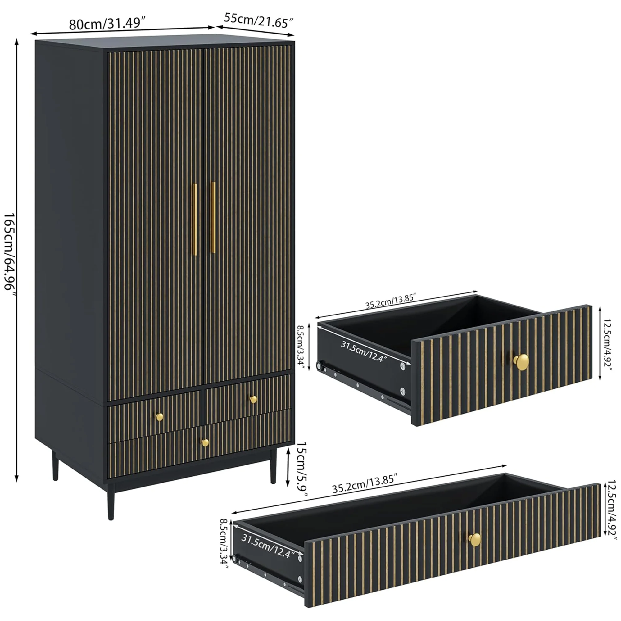 Oubayajia Wardrobe Armoire Closet, 2 Fluted Doors Wardrobe Cabinet with 3-Drawer and Hanging Rod, Wood Wardrobe Storage for Bedroom - Image 12