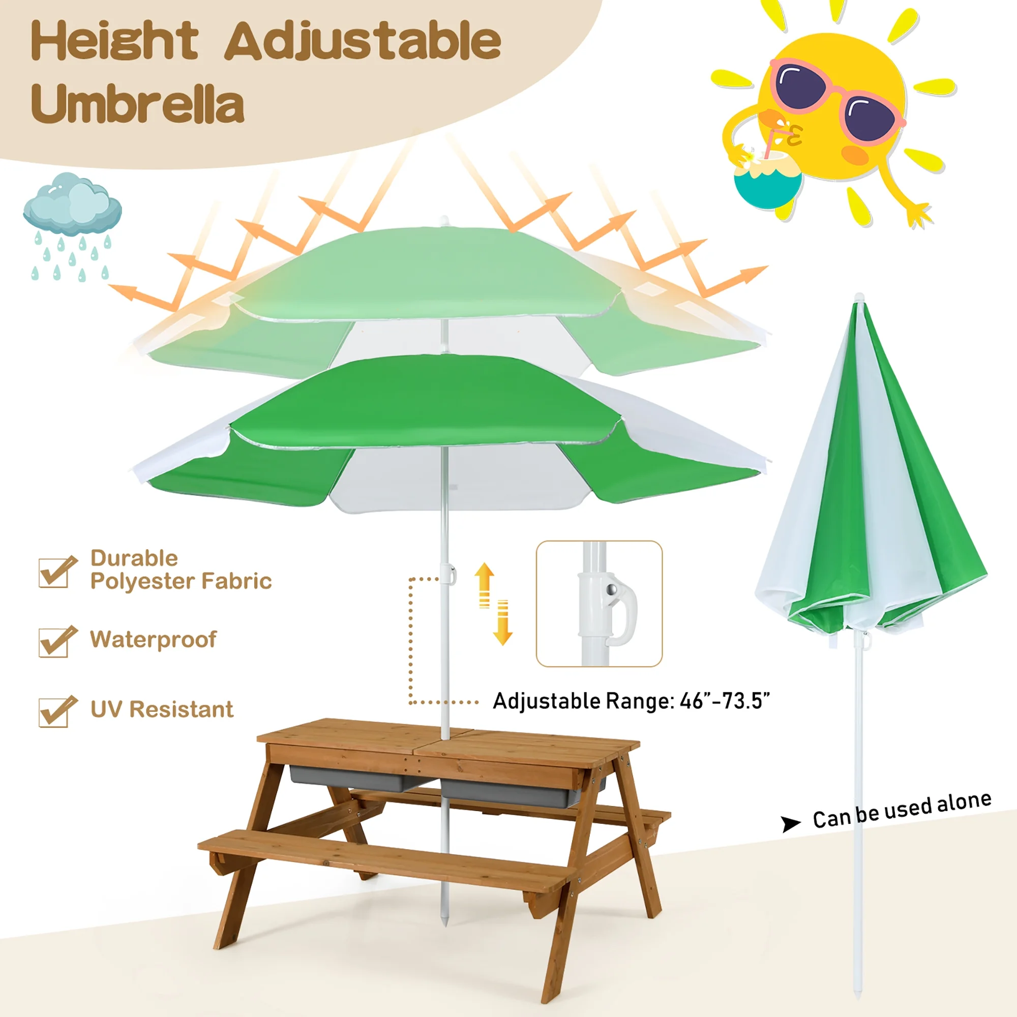 Costway 3-in-1 Kids Picnic Table Wooden Outdoor Sand & Water Table with Umbrella Play Boxes Green - Image 26