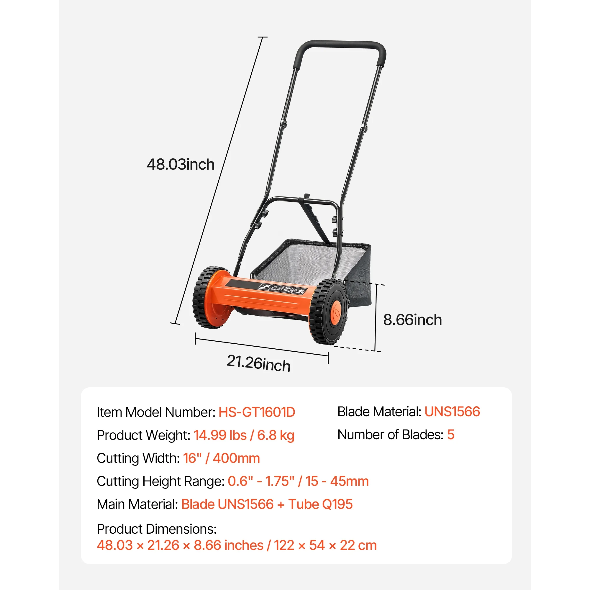 KFFKFF 16-Inch Manual Push Reel Lawn Mower, 5-Blade Design, Adjustable Cutting Height from 0.6 to 1.75 Inches, Walk-Behind Mower with Grass Collection Bag for Lawns, Driveways, and Courtyards - Image 7