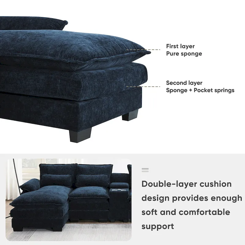 123*55 Contemporary U-Shaped Sofa with Console, Cup Holders, USB Ports, Upholstered Sleeper Couch Set with Chaise