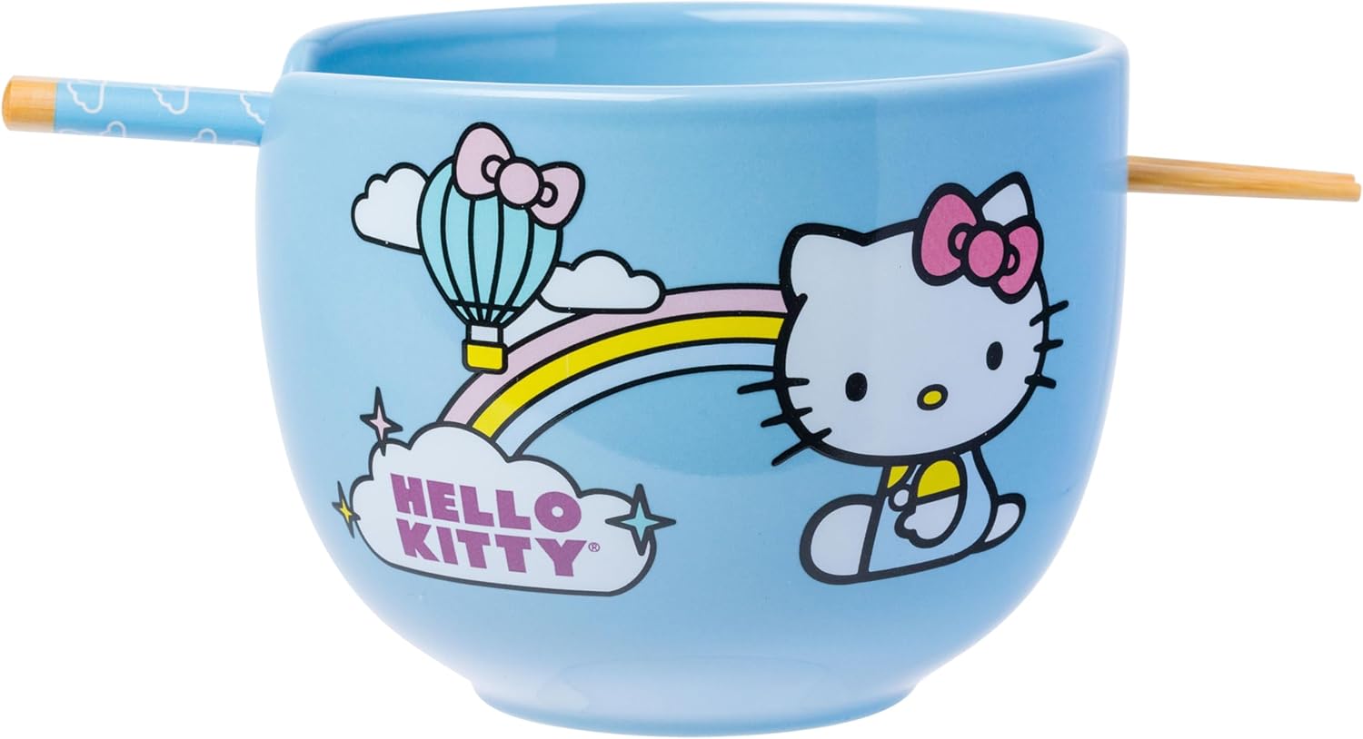 Silver Buffalo Sanrio Hello Kitty Face with Different Color Bows Pattern Ceramic Ramen Noodle Rice Bowl with Chopsticks, Microwave Safe, 20 Ounces