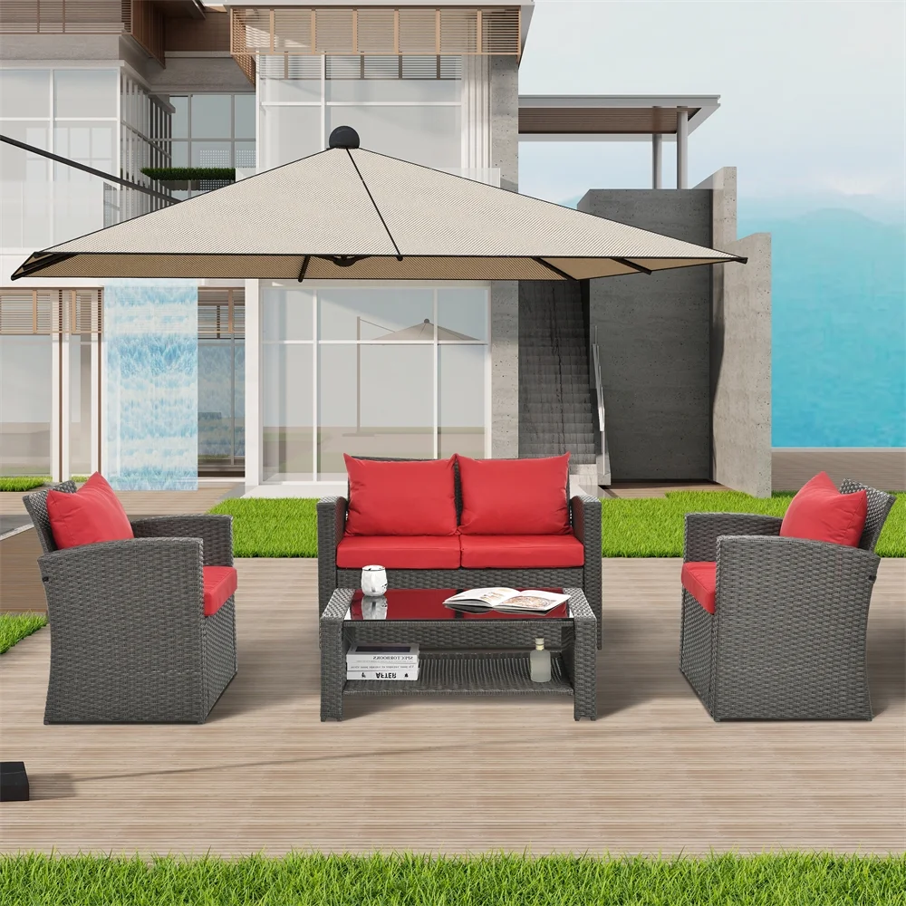4 Pieces Patio Conversation Set, Outdoor Furniture Set with Cushion, Outside Sectional Rattan Wicker Sofa Furniture Set for Garden, Porch, Backyard, Gray - Image 24