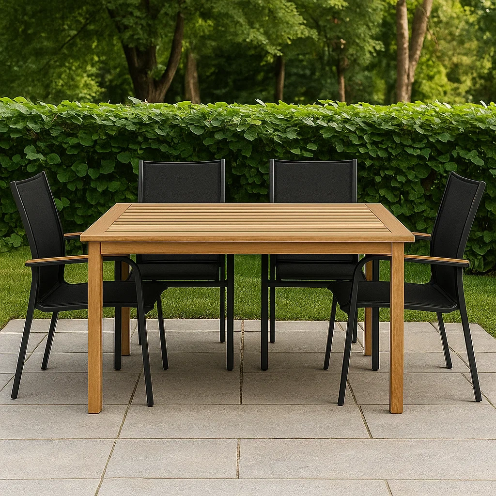 Conjunto de comedor de jardín para 4 personas, mesa de madera y 4 sillas con estructura metálica y textileno,negro y madera natural - aqmLwdU199Vp