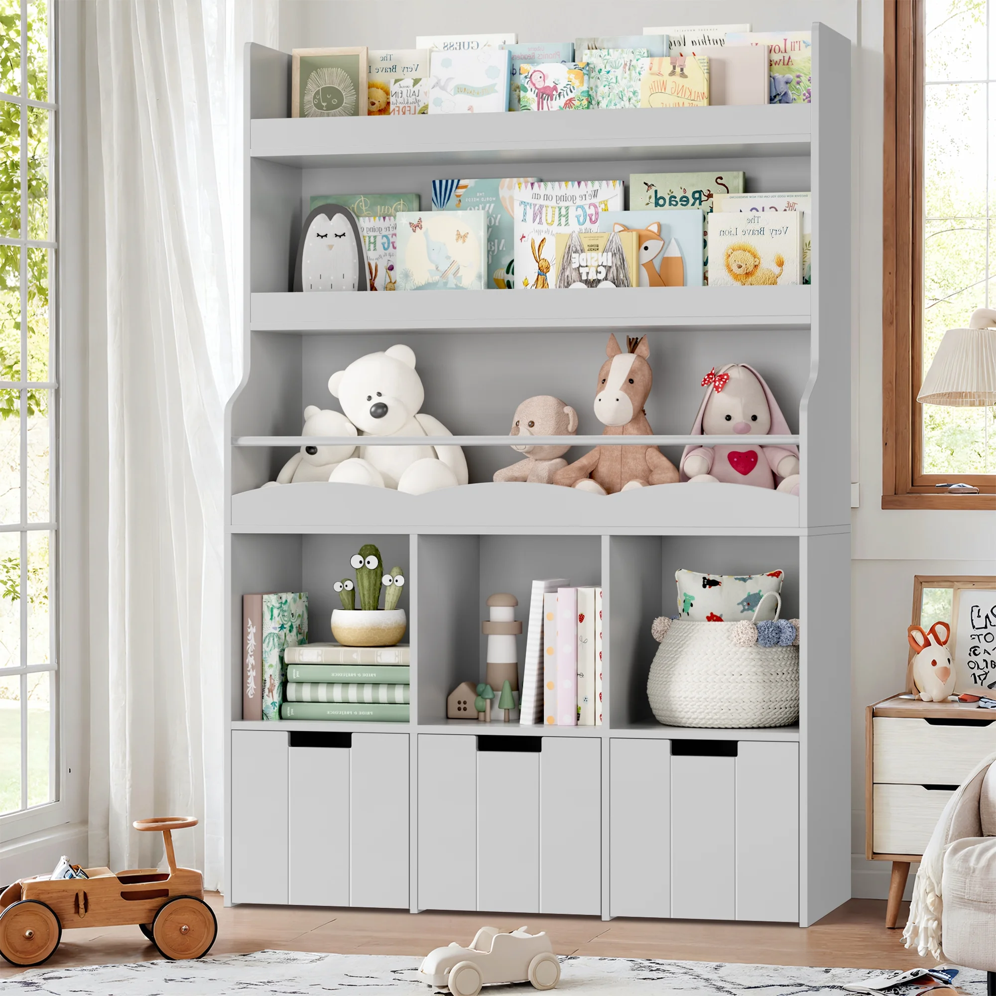 Homfa 55.5- H Kids Bookshelf with 2-Tier Book Shelves, Children Toy Organizer with 3 Cubes and Removable Drawers, White - Image 21