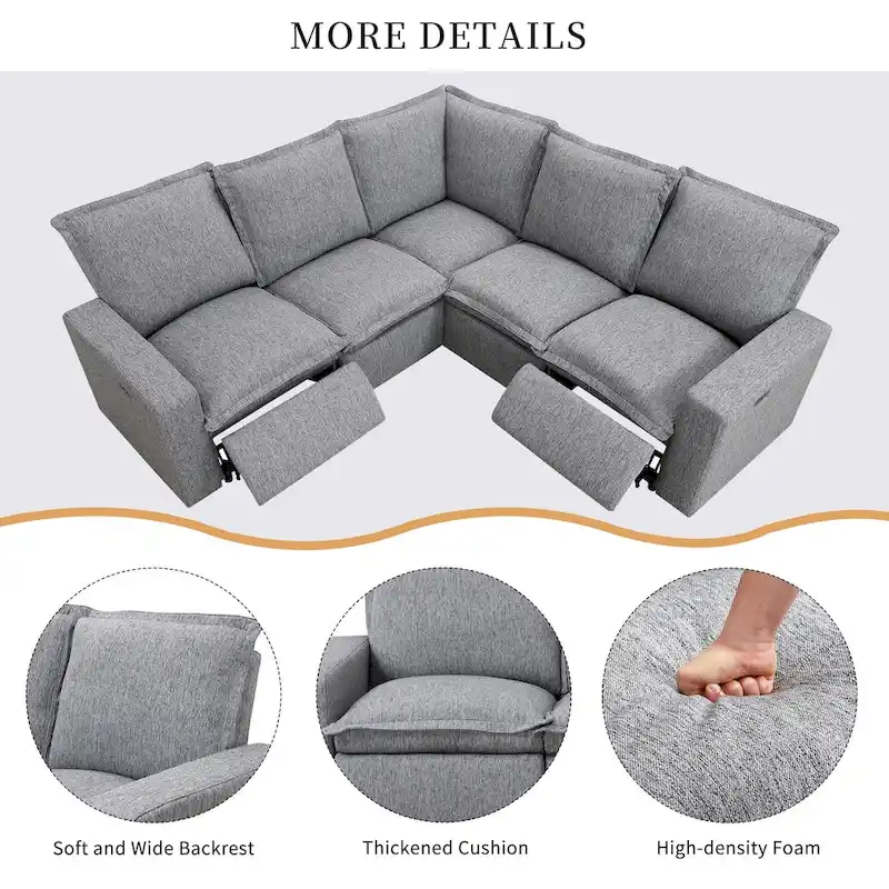 Linen Upholstered Power Recliner L-Shaped Sectional Sofa with USB Port - Soft Home Theater Seating for Living Room
