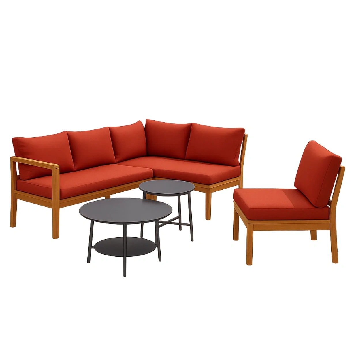 Muebles de salón para jardín 4 piezas con estructura de madera color natural,cojines rojos,mesa redonda diámetro 60x45 cm,sofá 150x80x70 cm,silla 60x60x70 cm,mesa auxiliar diámetro 30x40 cm - czXEssnJaDls