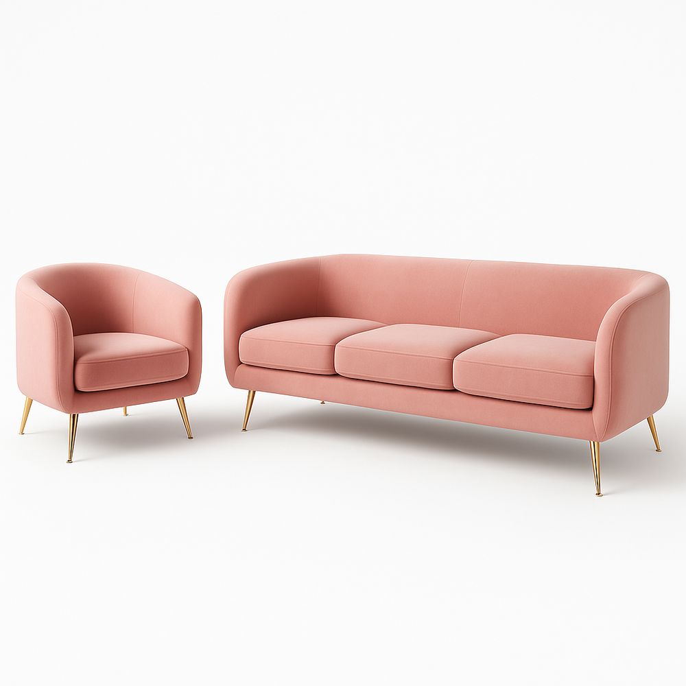 Sofá y Sillón Rosa con Estructura de Metal Dorado,Muebles Modernos para Sala