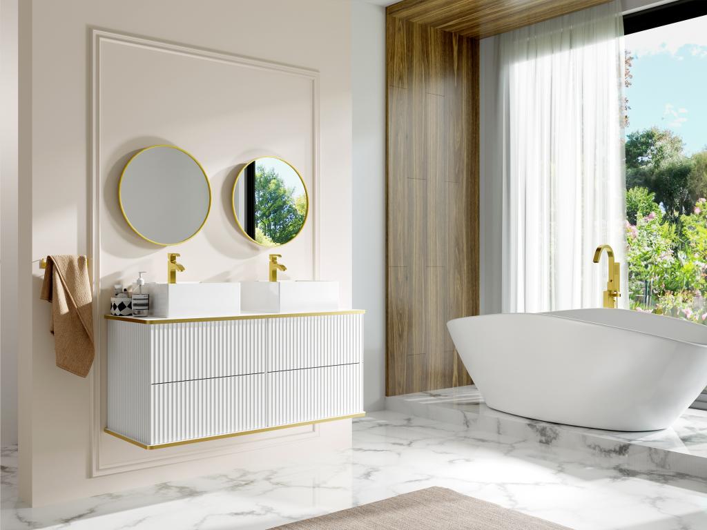 Mueble flotante de lavabo con rayas doradas - blanco - 120 cm - KELIZA
