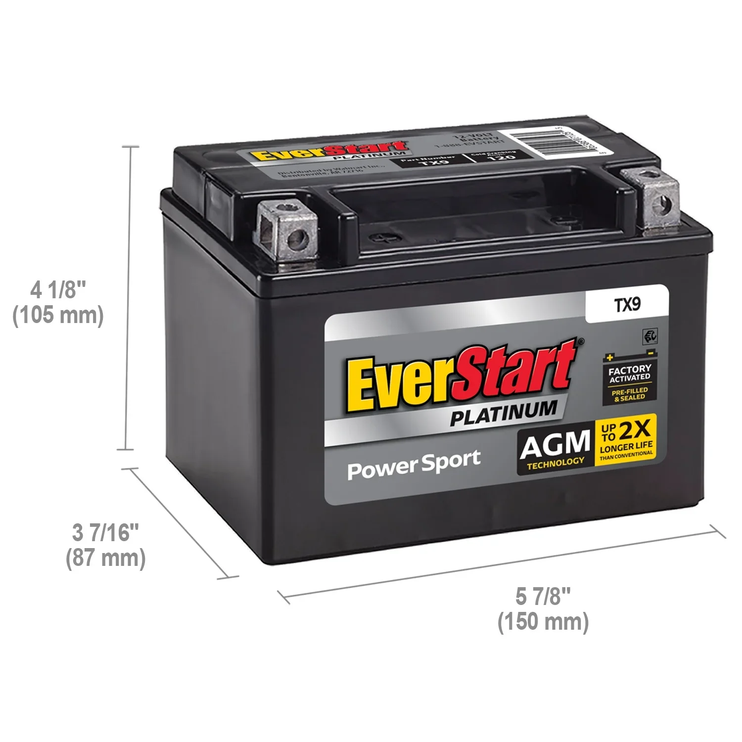 EverStart Platinum BOXED AGM Power Sport Battery, Group Size TX9 12 Volt, 120 CCA