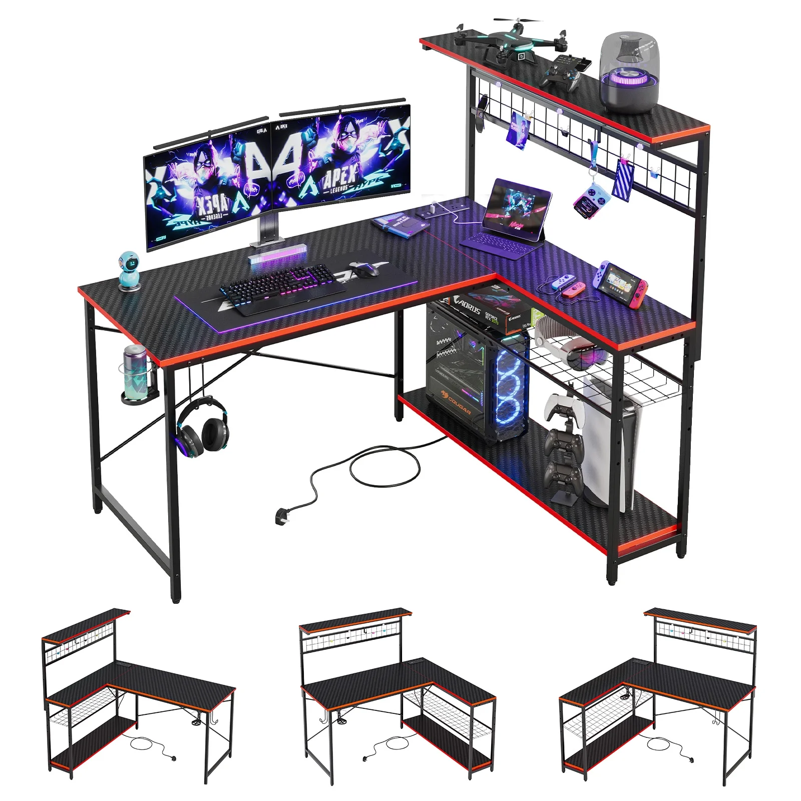 Bestier 51 L Shaped Gaming Desk with Power Outlets & LED Light, Computer Desk with 4 Tiers Shelves for Home Office, Reversible Gamer Table with Hooks and Cup Holder, Carbon Fiber - Image 24