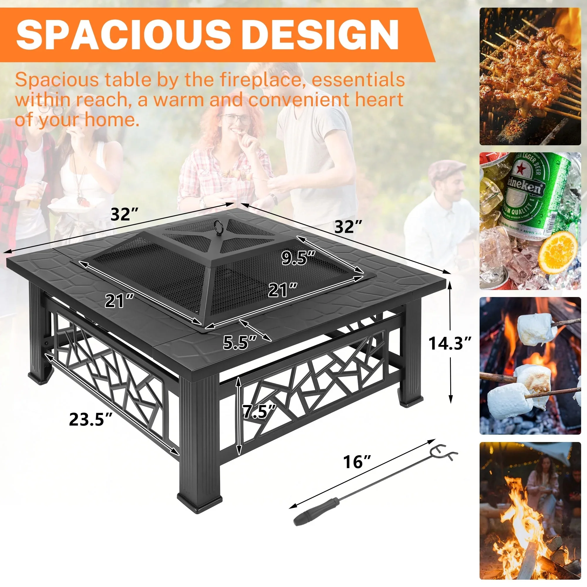 32" Fire Pits for Outside, SYNGAR Wood Burning Bonfire Fire Pit Table with Mesh Lid, Grate, BBQ Grill and Poker, Outdoor Metal Square Fire Pit for BBQ, Camping, Picnics, Backyard - Image 10