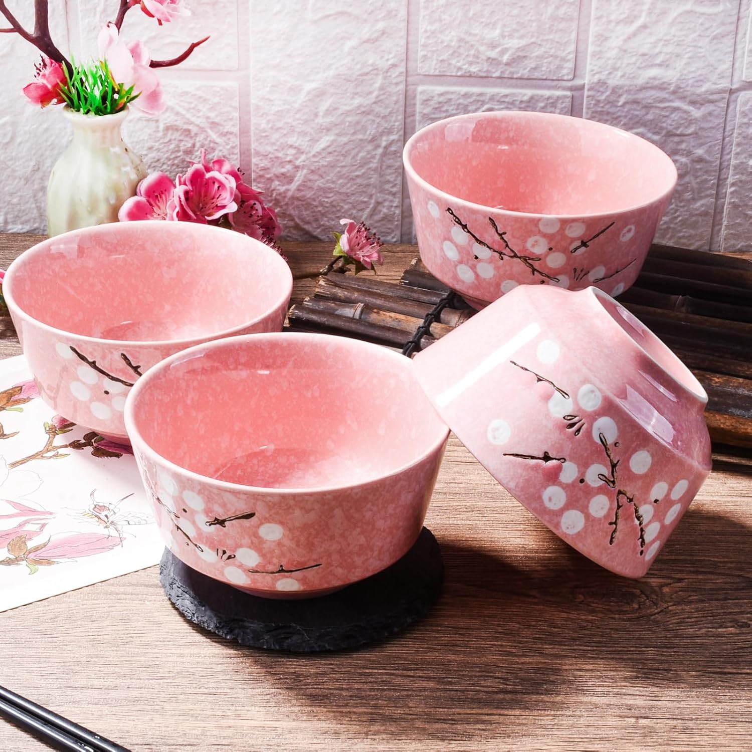 Pink Ceramic Rice Bowl Set of 4, 4.37 Inch Japanese Cherry Blossom Small Bowls for Kitchen, Floral Porcelain Bowls for Cereal, Dessert, Sushi Sauce & Snack