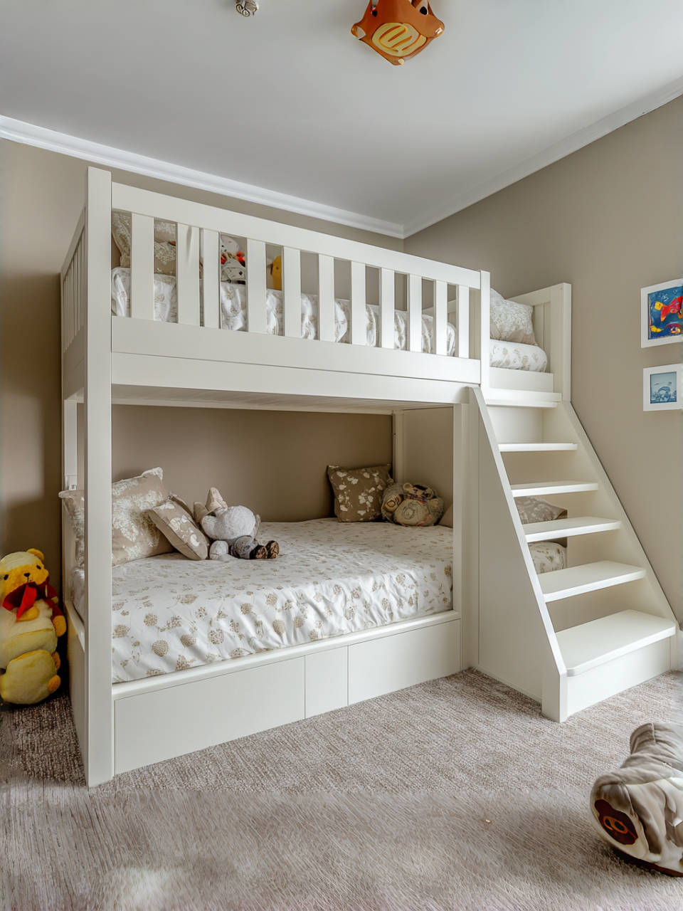 Cama litera madera infantil blanca melamina dormitorio con escalera y almacenaje 196x160.3x100.4 cm
