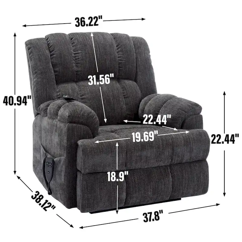 Grey Oversized Chenille Power Lift Recliner with Massage, Heating, and Flat Lay Feature