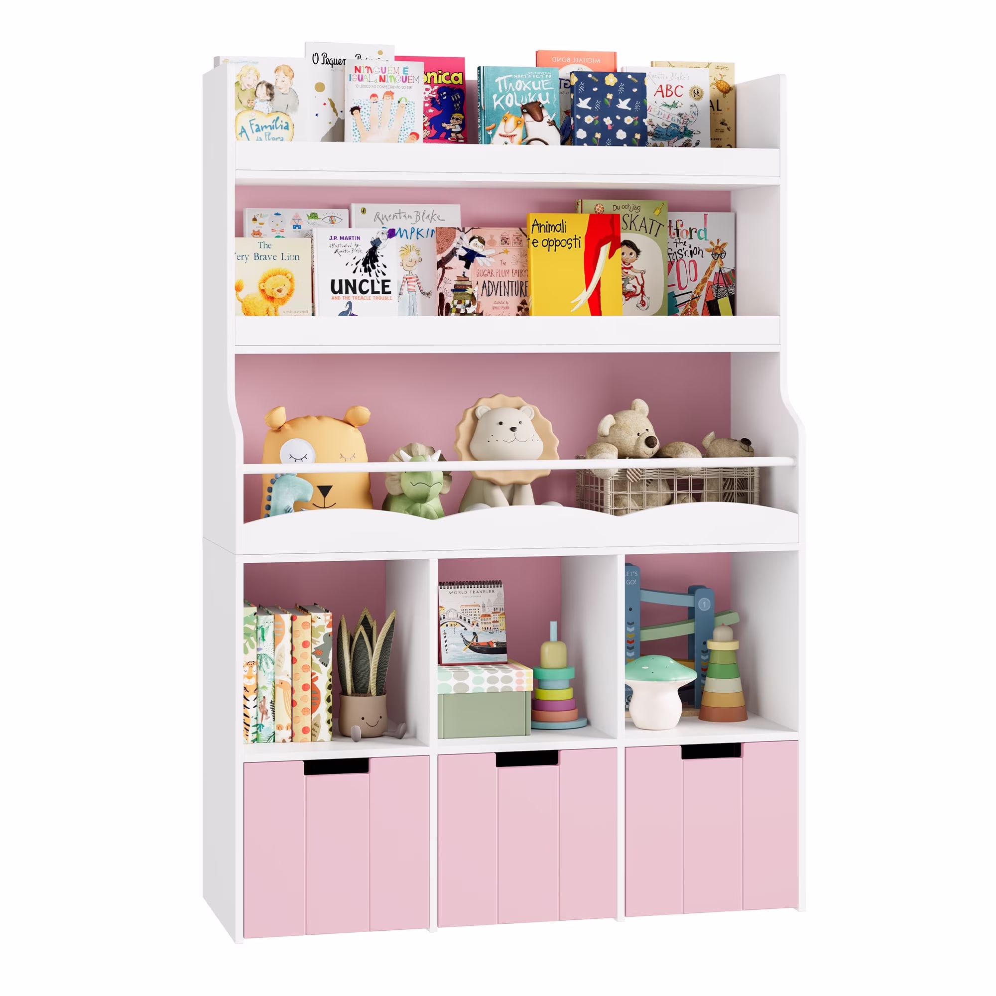 Homfa 55.5- H Kids Bookshelf with 2-Tier Book Shelves, Children Toy Organizer with 3 Cubes and Removable Drawers, White - Image 3