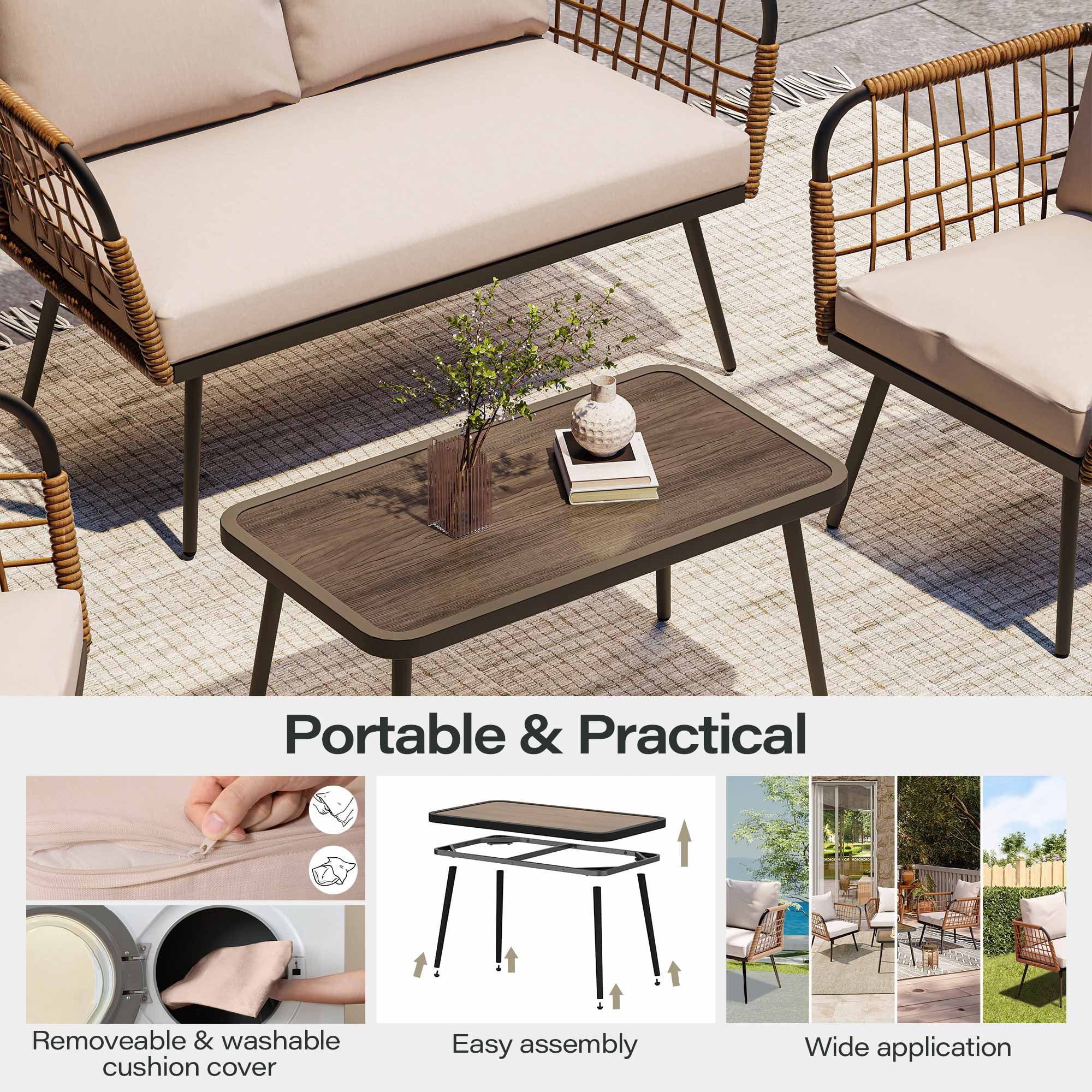 LAUSAINT HOME 4 Pieces Outdoor Conversation Sets, Patio Metal Frame Sofa with Wood Loveseat and Coffee Table, Beige Cushions - Image 6