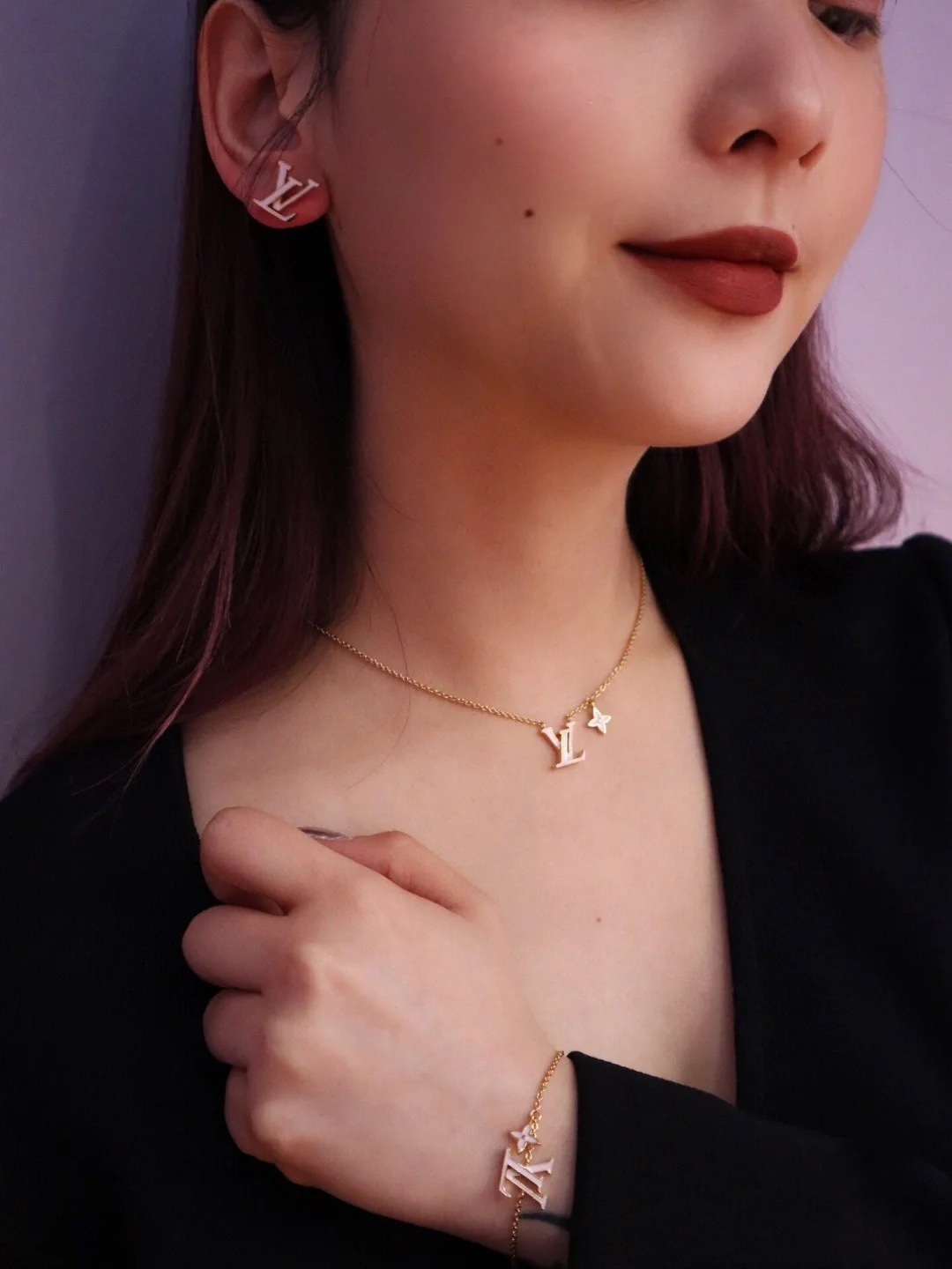 Louis Vuitton Pink LV Letters Earrings Bracelet Necklace - Original Replica Club