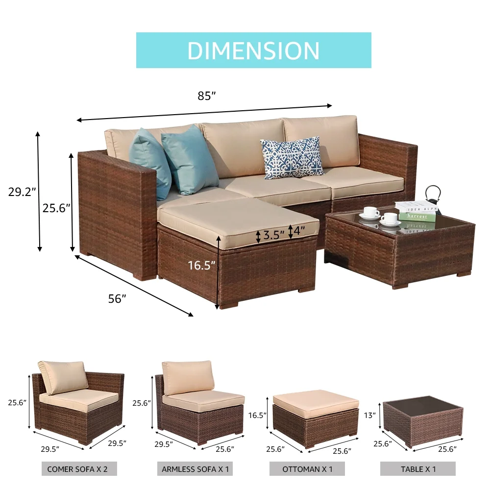 Patiorama 5-Piece Patio Furniture Set, Outdoor Sectional Conversation Set, All-Weather Grey PE Wicker with Light Grey Cushions, Backyard Porch Garden - Image 15