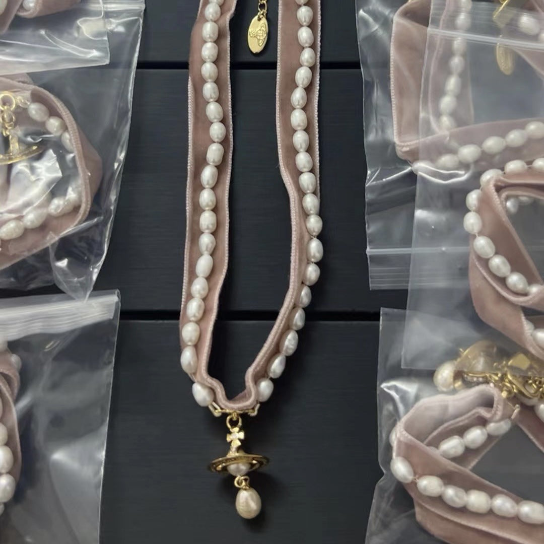 Vivienne Westwood Ribbon Saturn with Teardrop Pearl Pendant Necklace - Original Replica Club