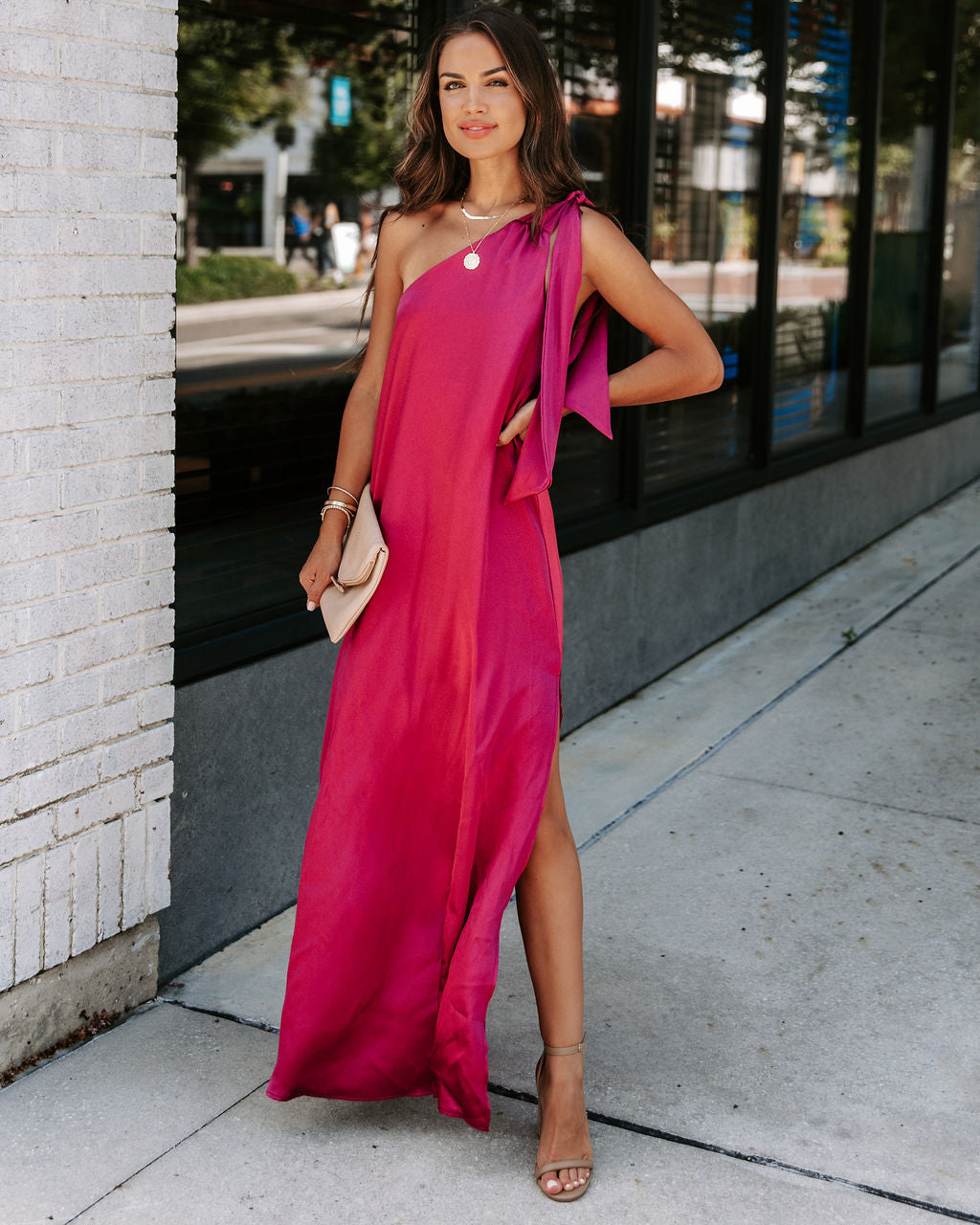 Invite Only Satin One Shoulder Maxi Dress - Burgundy - Se7enfashion