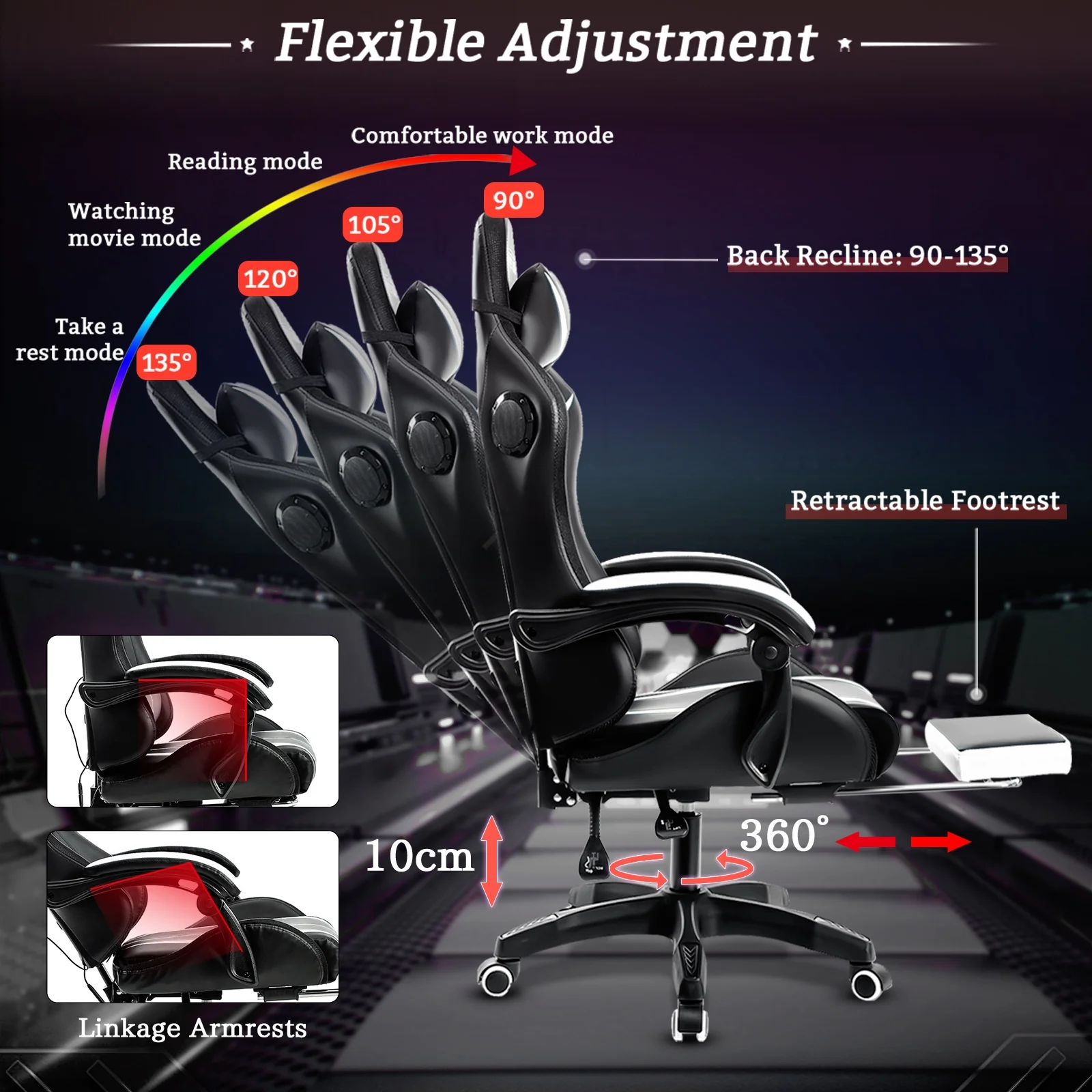 Hoffree Gaming Chair with Speakers PU Leather Office Chair with Footrest and LED Lights Ergonomic Gamer Chair with Massage Lumbar Support and Headrest Adjustable Swivel for Home Office 300lb - Image 62