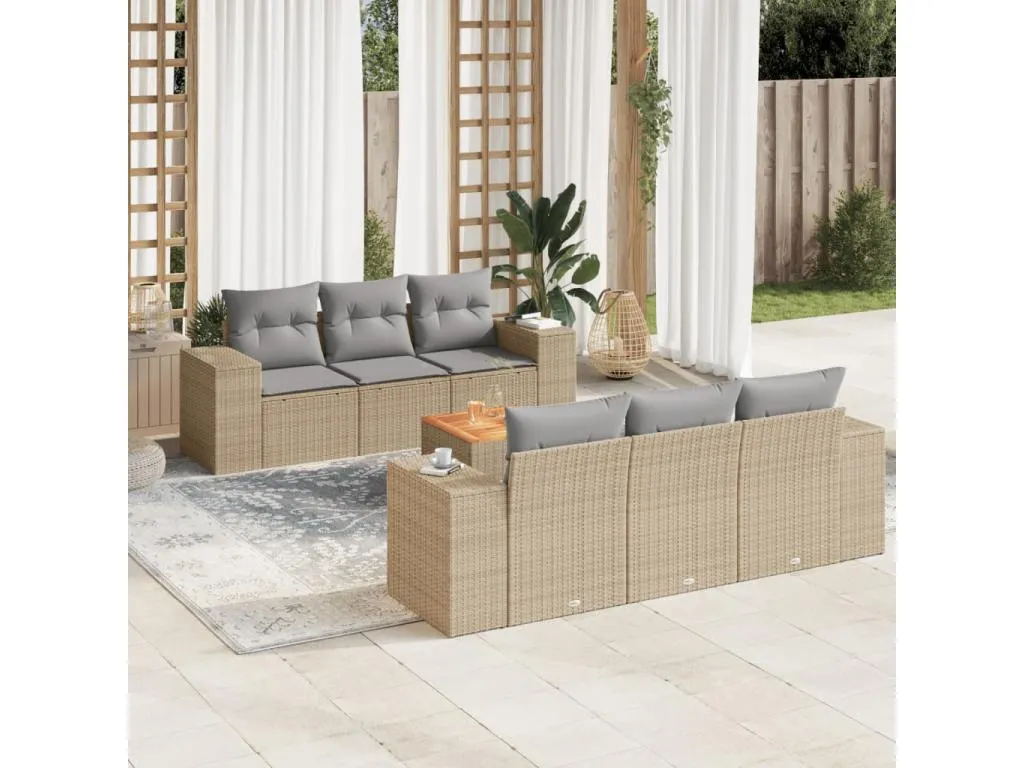 Set sofás de jardín 7 piezas y cojines ratán sintético beige ZNRR55808