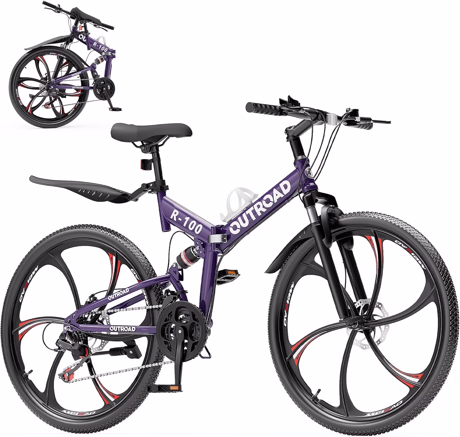 SUNCROWN 26 in Folding Mountain Bike, 21 Speed Full Suspension High - Carbon Steel MTB Foldable Bicycle, Dual Disc Brake Non - Slip Folding Bikes for Adults/Men/Women, Black(Purple)