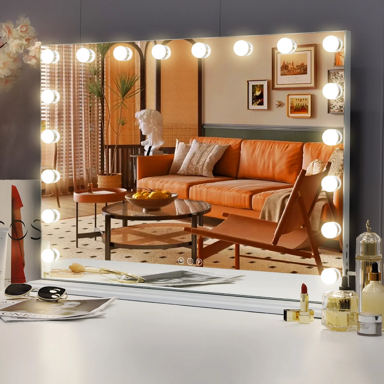 Fenchilin 32"x23" Vanity Mirror with Lights USB Charging Tabletop Wall Mount Metal White - Image 9