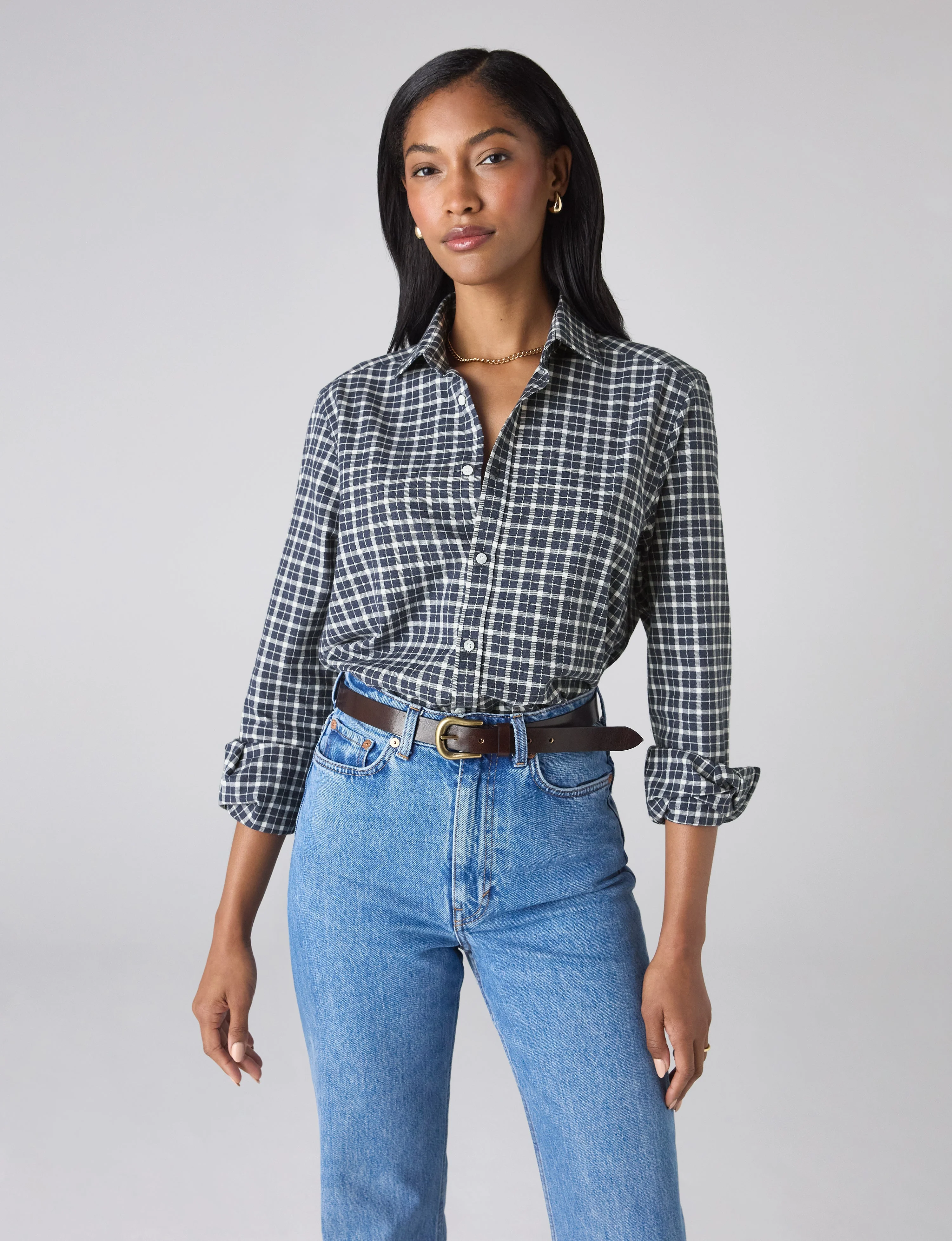 The Classic: Fine Brushed, Navy Blue Check