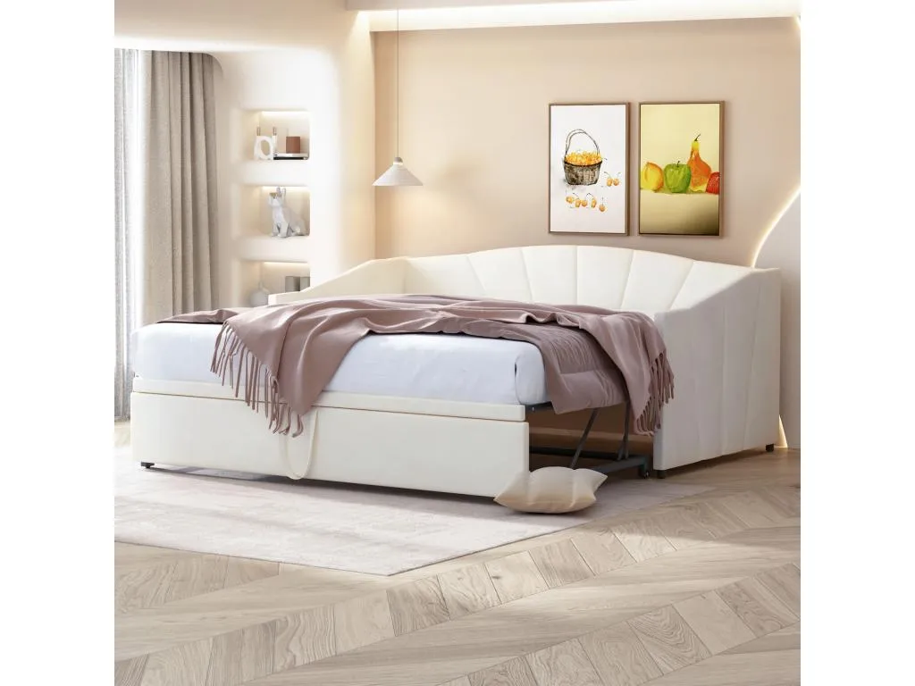 Cama Hogarsens 90/180x200cm sofá cama extensible acolchado con somieres cama multifuncional en tejido de terciopelo de estilo moderno - beige