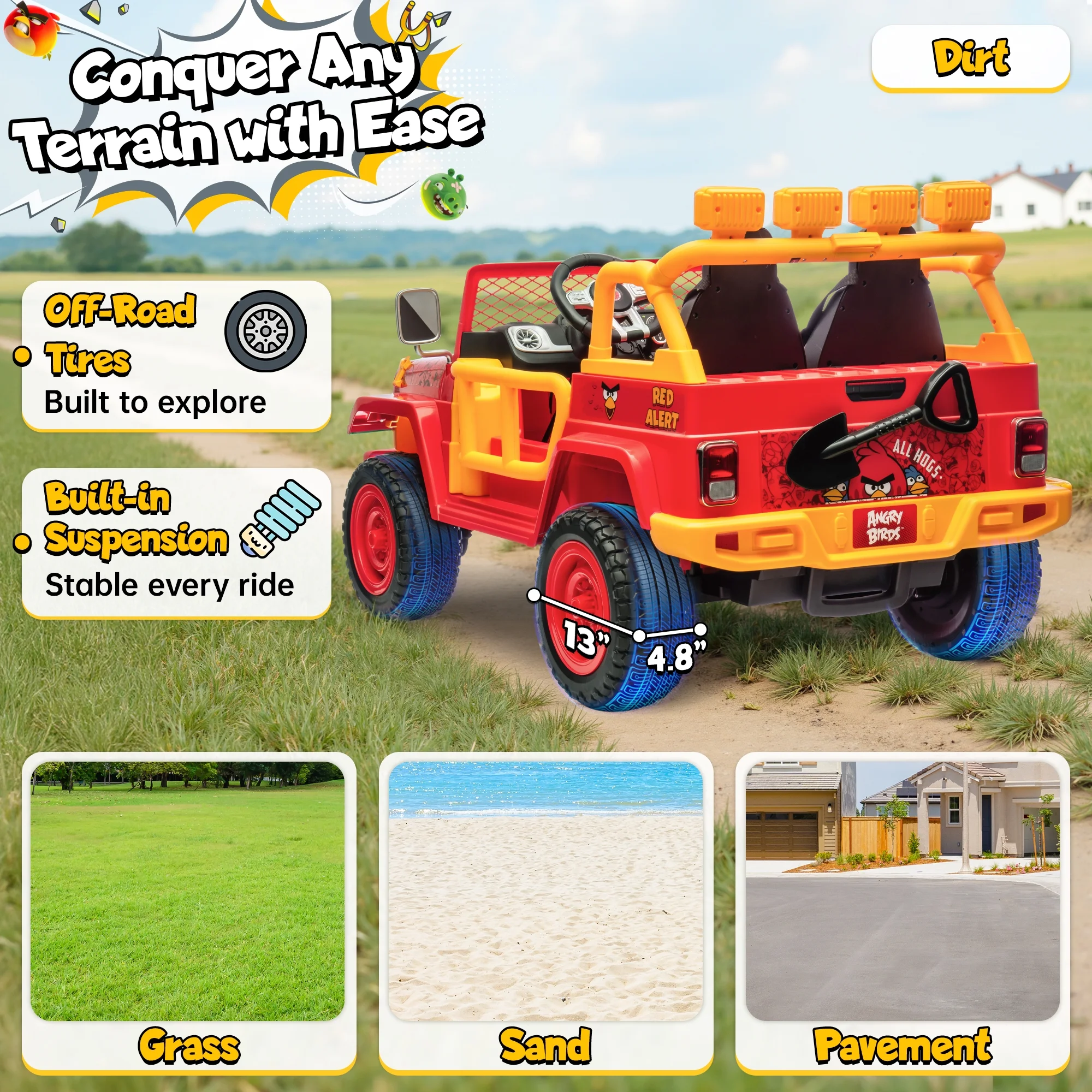 Joyracer 24 Volt Ride on Toys for Big Kids, Licensed Angry Birds Ride on Truck with Remote, 2 Seater 4WD Electric Ride ons with Shovel, Bluetooth, Lights, Power Car Wheels for 3-8, 130lbs, Green - Image 22