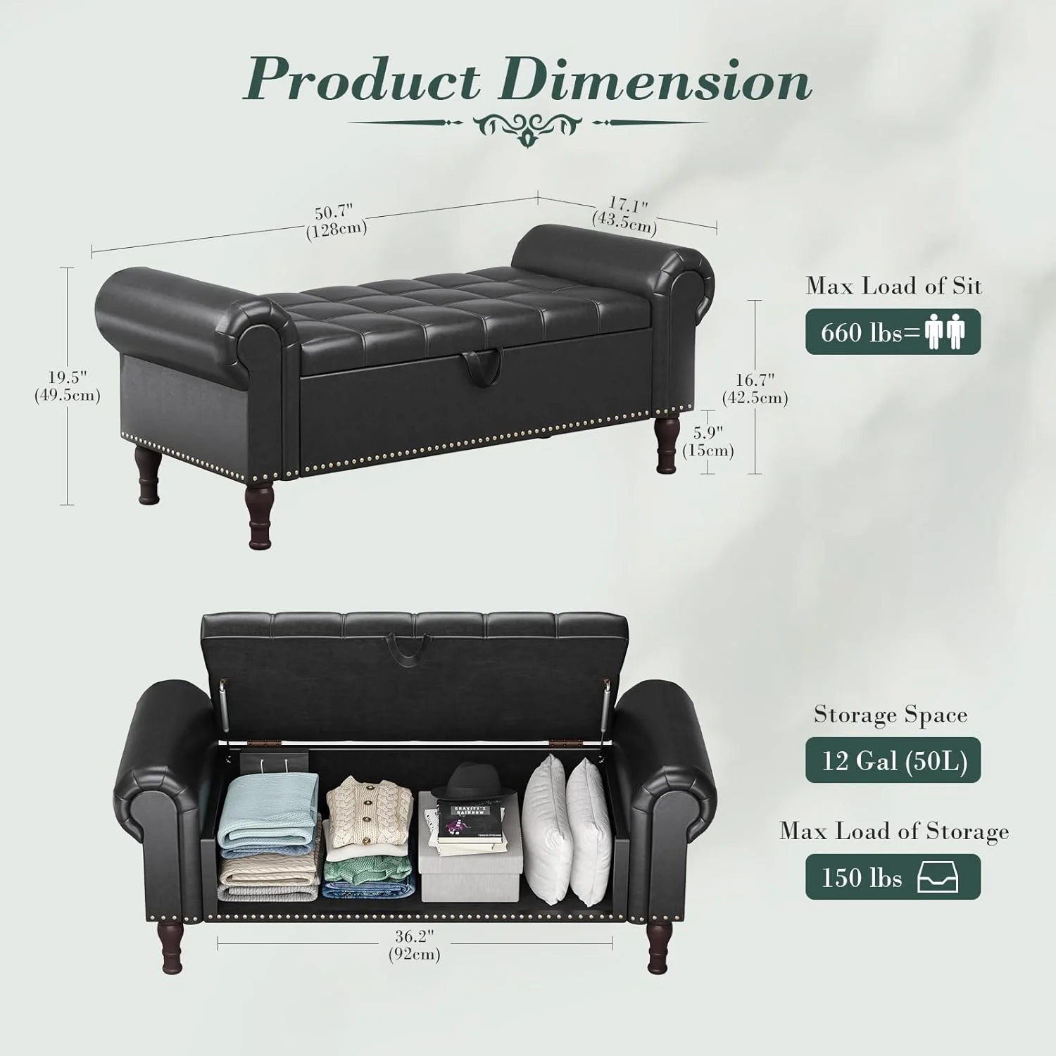 YOUDENOVA Storage Ottoman Bench for Bedroom 51" Queen Leather Storage Bench with Button, Upholstered Bedroom Bench with Rolled Arms for Living Room, Storage Room, Entryway, Gray - Image 27