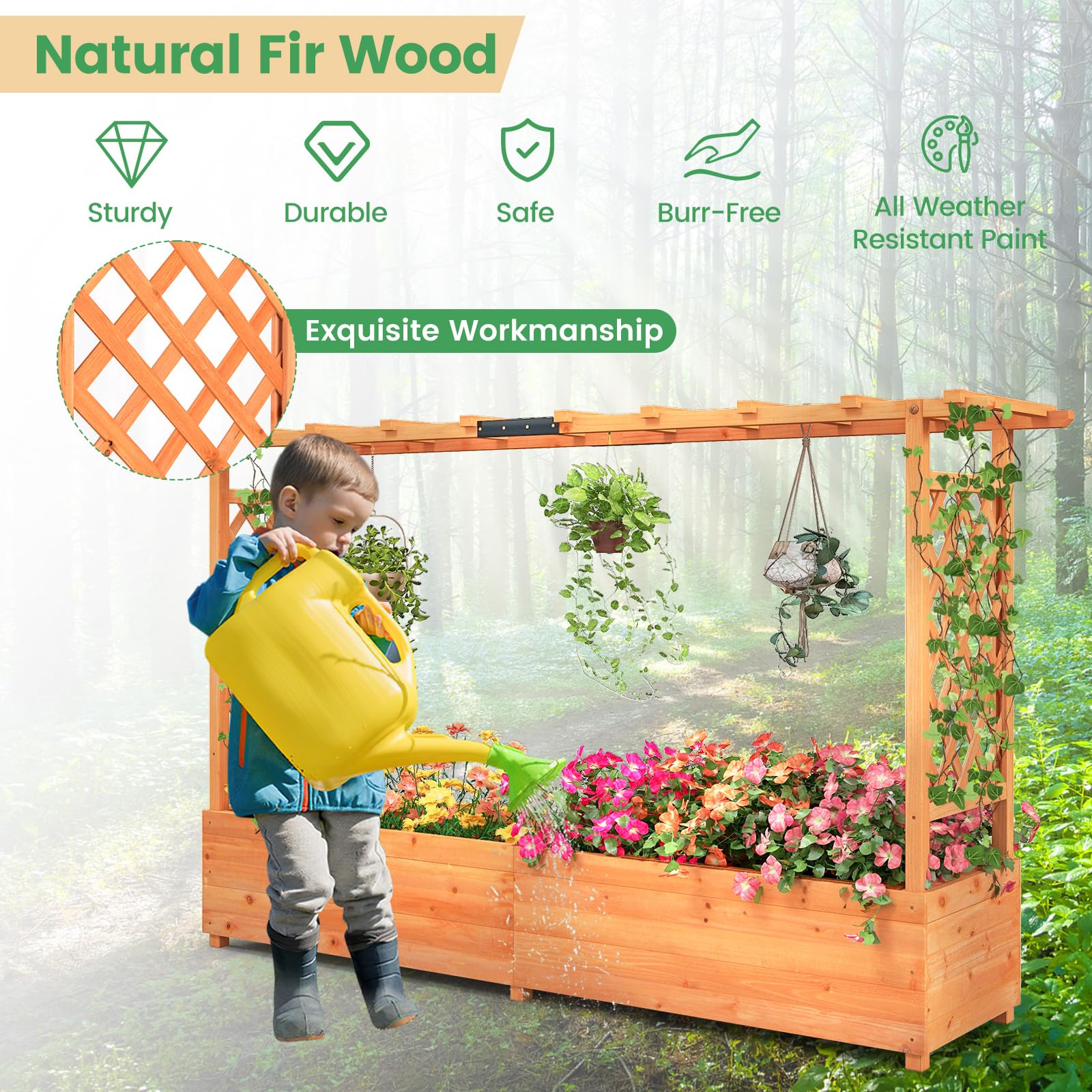 Eletriclife Fir Wood Raised Garden Bed with 2-Sided Trellis and Hanging Roof