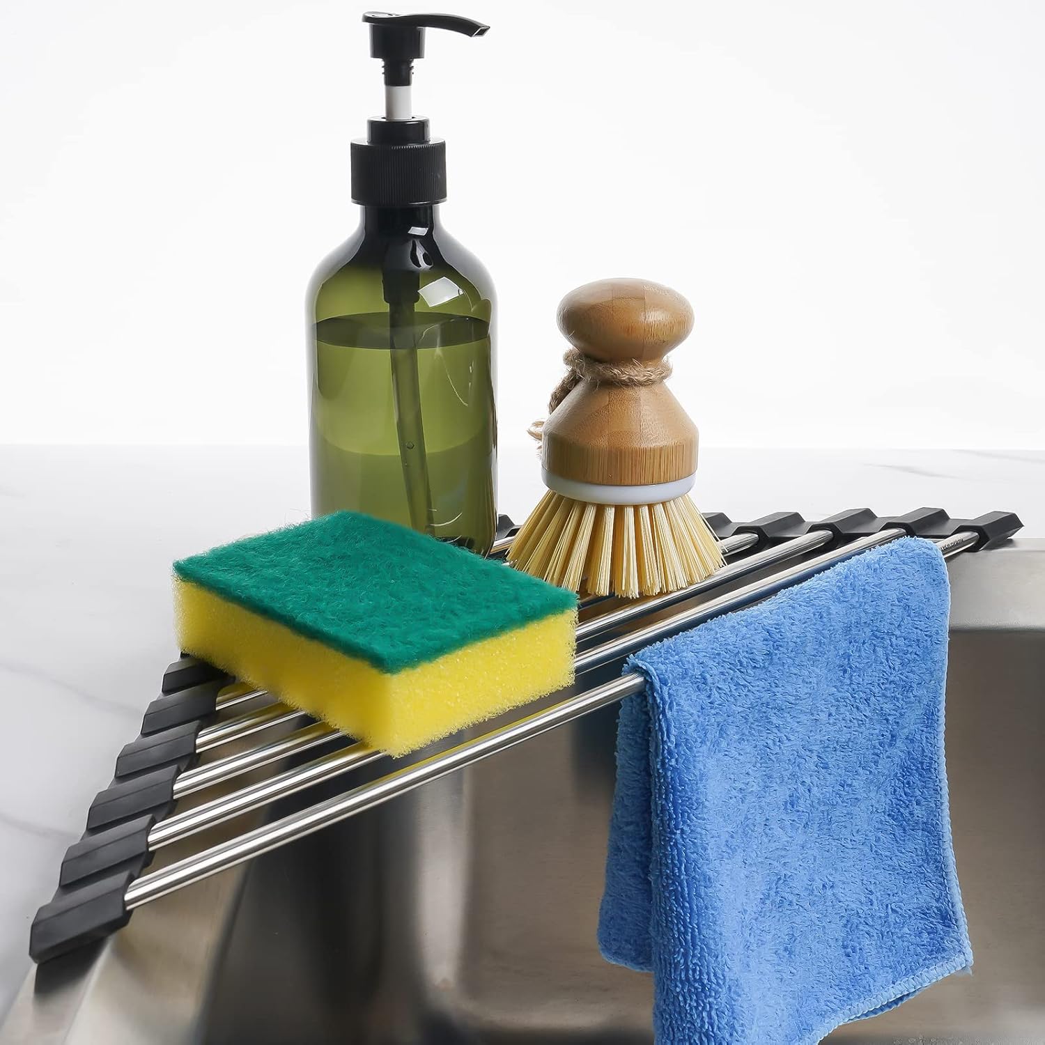 Tomorotec Marble Triangle Roll-Up Dish Drying Rack for Sink Corner - Small, Foldable, Stainless Steel, Multipurpose Kitchen Drainer Caddy, Trivet, Rustproof Organizer, Storage Shelf