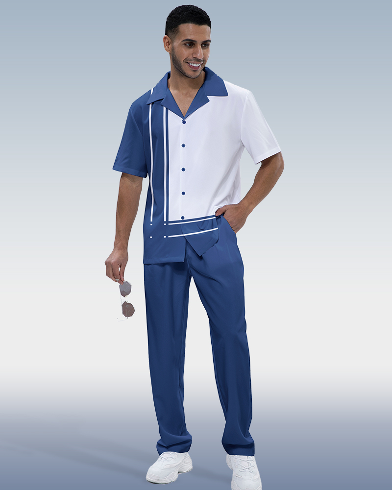 Navy Panel Print Short Sleeve Walking Suit