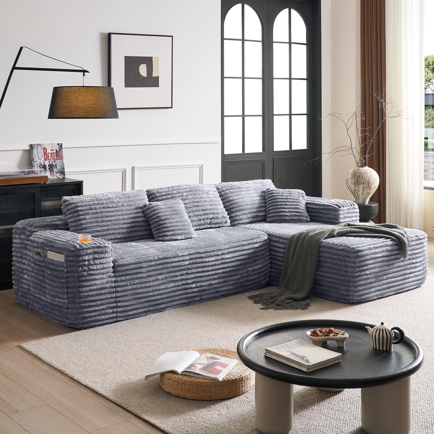 Cloud section sofa with L-shaped recliner modern modular sofa built-in cup holder